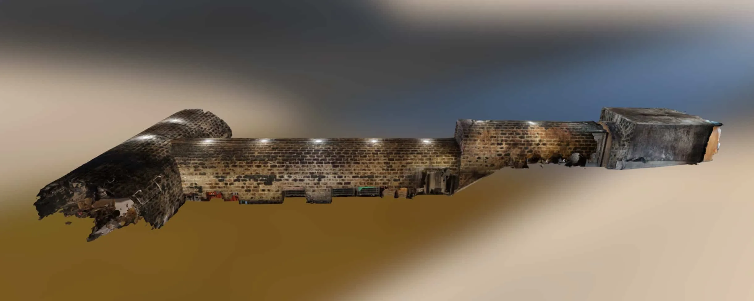Pince 3D modellje oldalnézetből, a boltívek téglafelülete és a lámpák látszanak